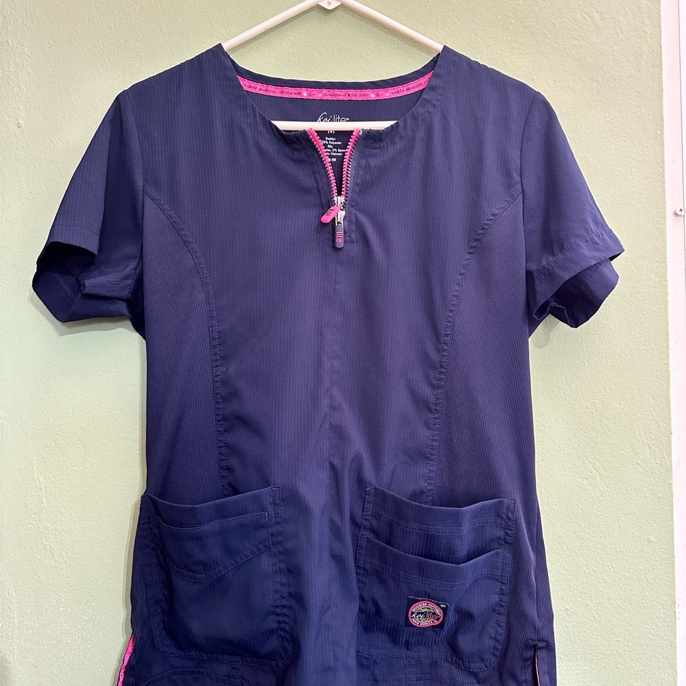 Koi Lite Navy Scrub Set Top & Pants with Pink Zipper